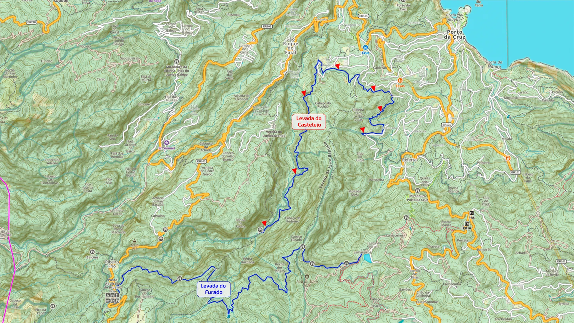 Porto da Cruzin alueen levadoja kartalla.