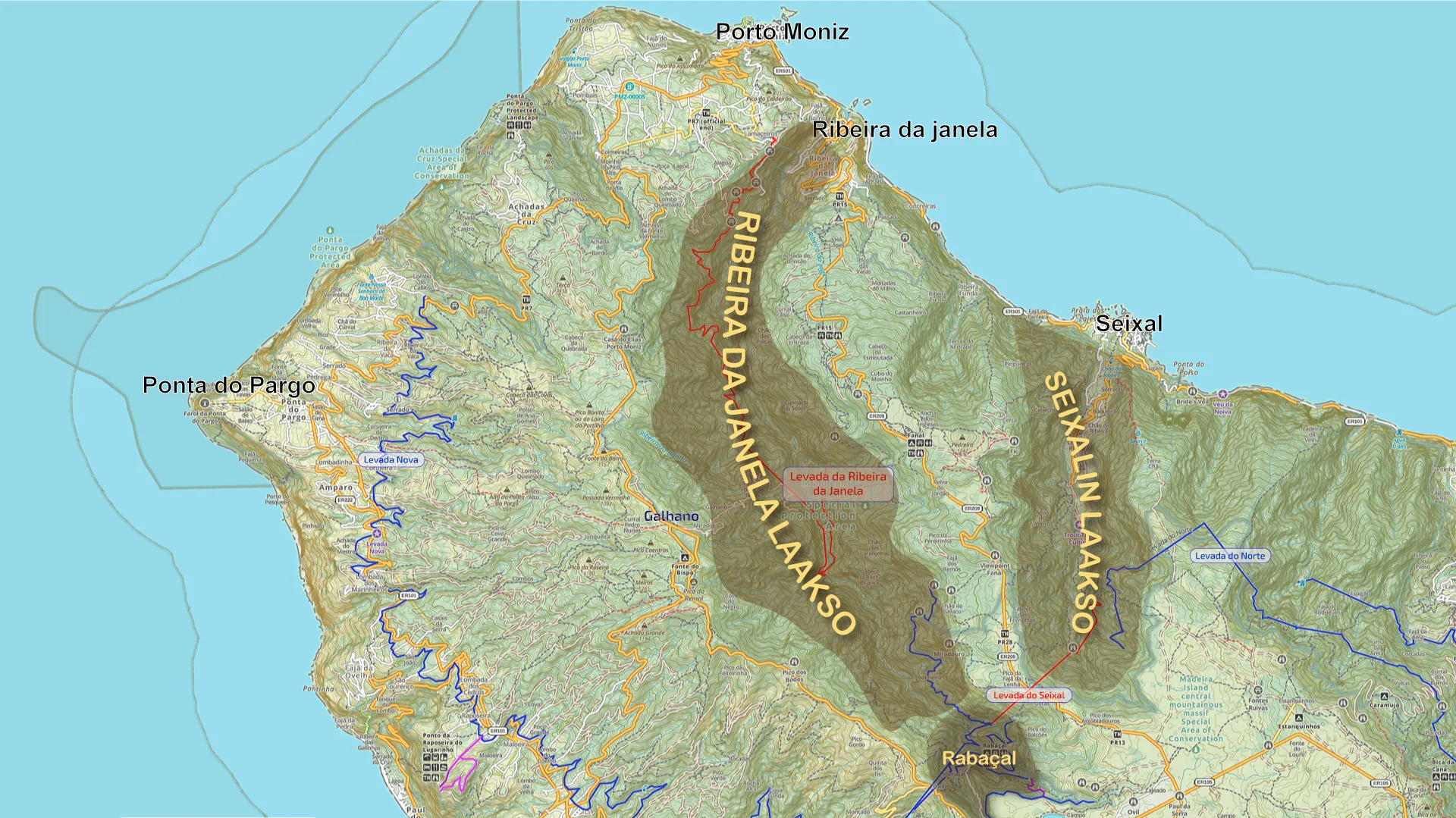 Rabacal, Seixalin laakso ja Ribeira da Janelan laakso.