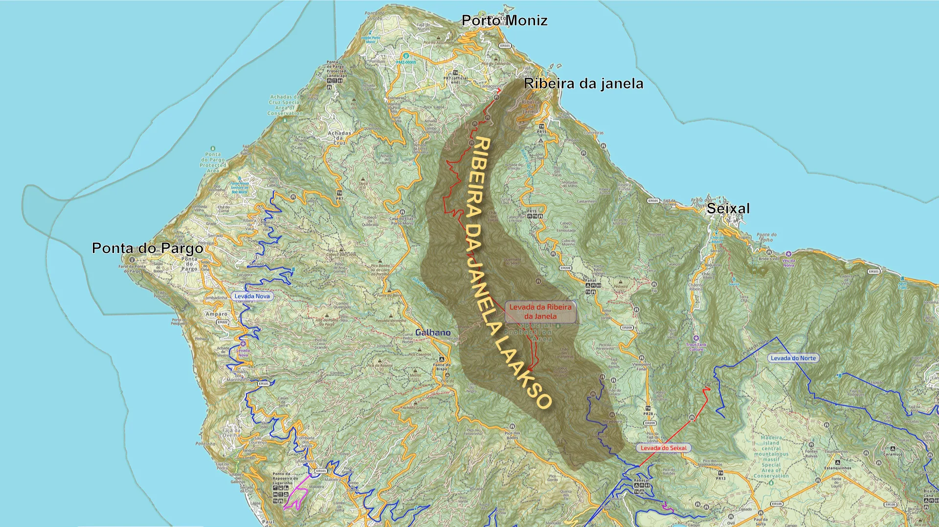 Levada do Seixalin tunneli ja Rabacalin levadat kartalla.